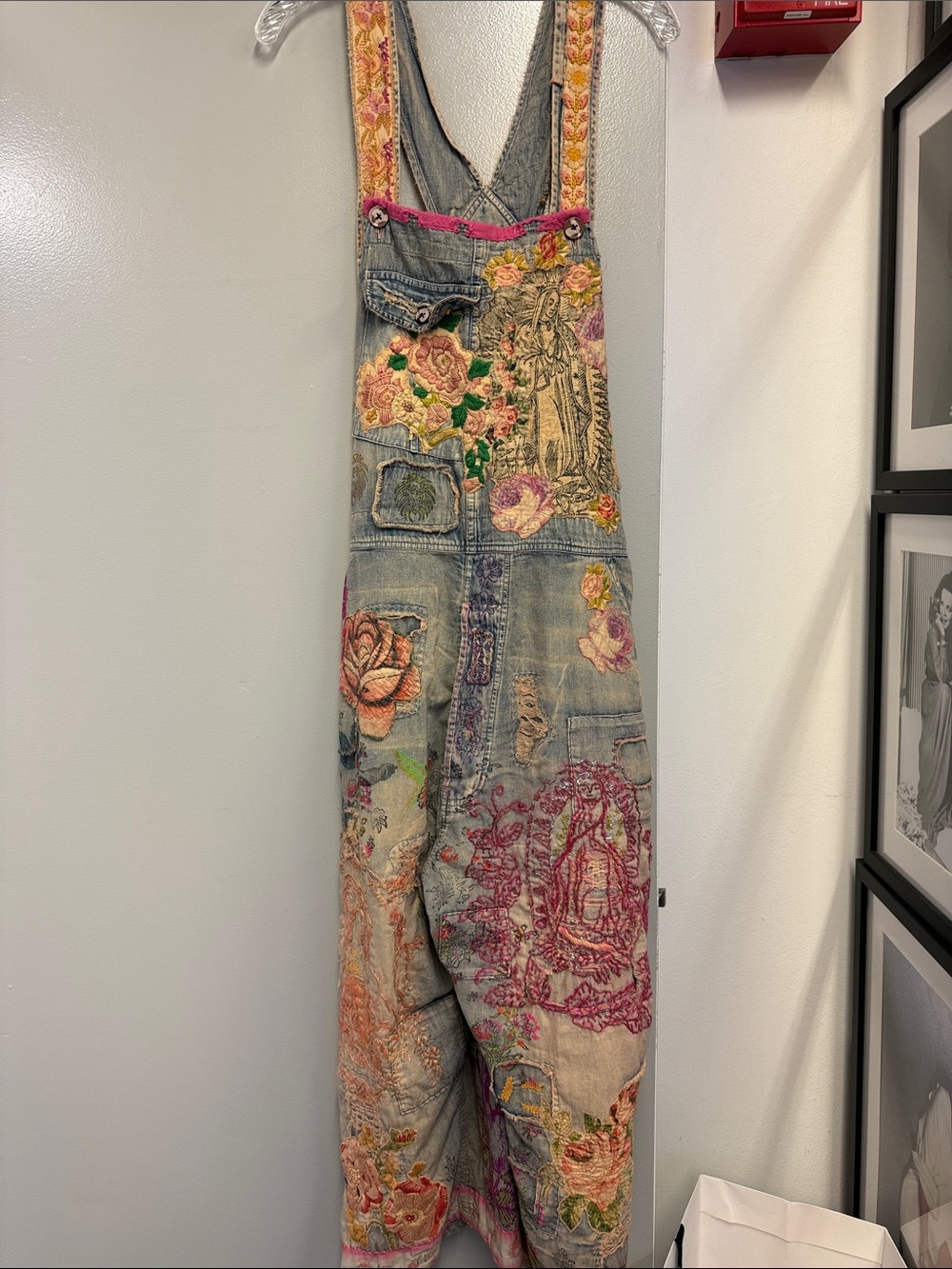 Embroidered Floral Denim Overalls - Pink & Multicolor